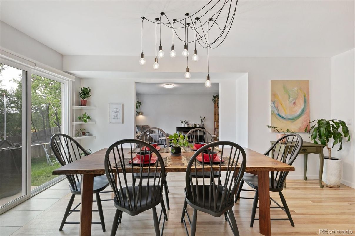 Dining room, Interior, Pendant Lights, Wood Texture Flooring