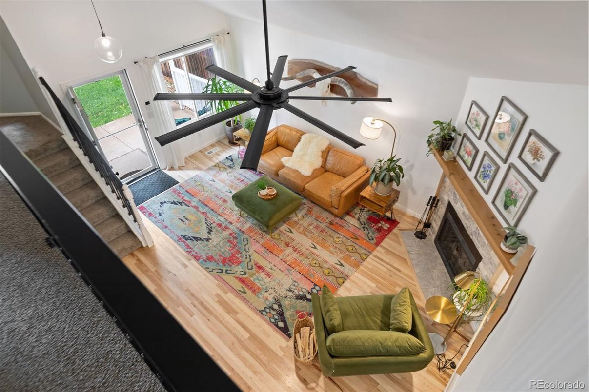Fireplace, Interior, Living room, Pendant Lights, Wood Texture Flooring