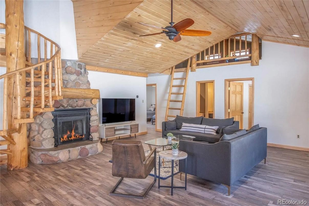 Fireplace, Interior, Living room, Recessed Lighting, Wooden Ceilings, Wood Texture Flooring
