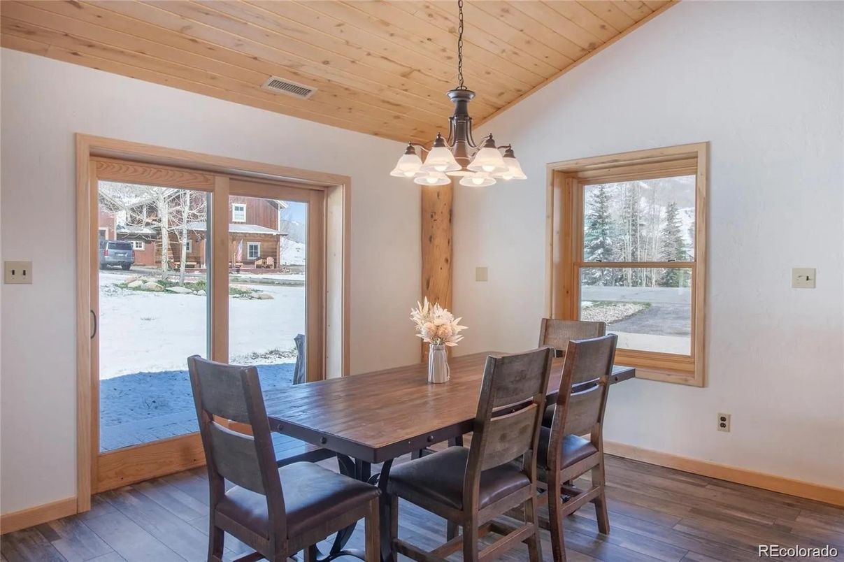Dining room, Interior, Pendant Lights, Wooden Ceilings, Wood Texture Flooring