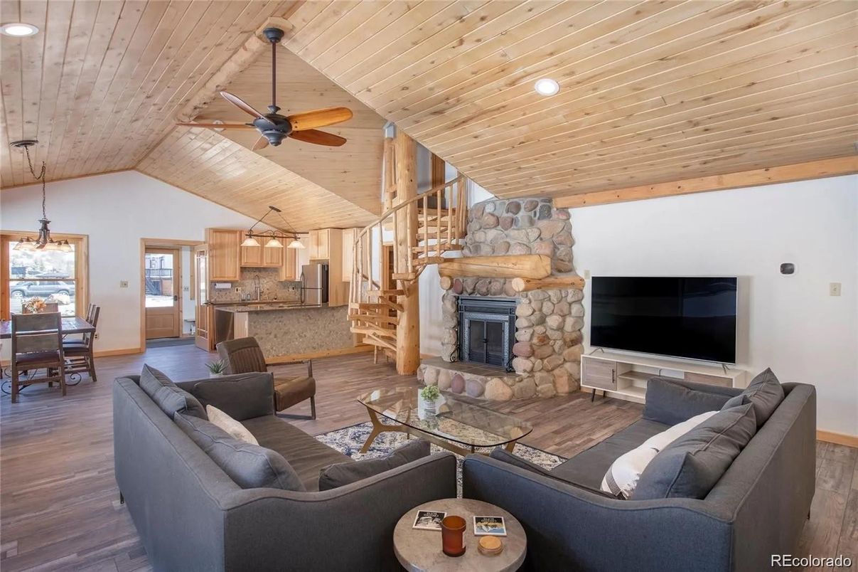Dining room, Fireplace, Interior, Kitchen, Living room, Pendant Lights, Recessed Lighting, Stone Walls, Wooden Beams, Wooden Ceilings, Wood Texture Flooring