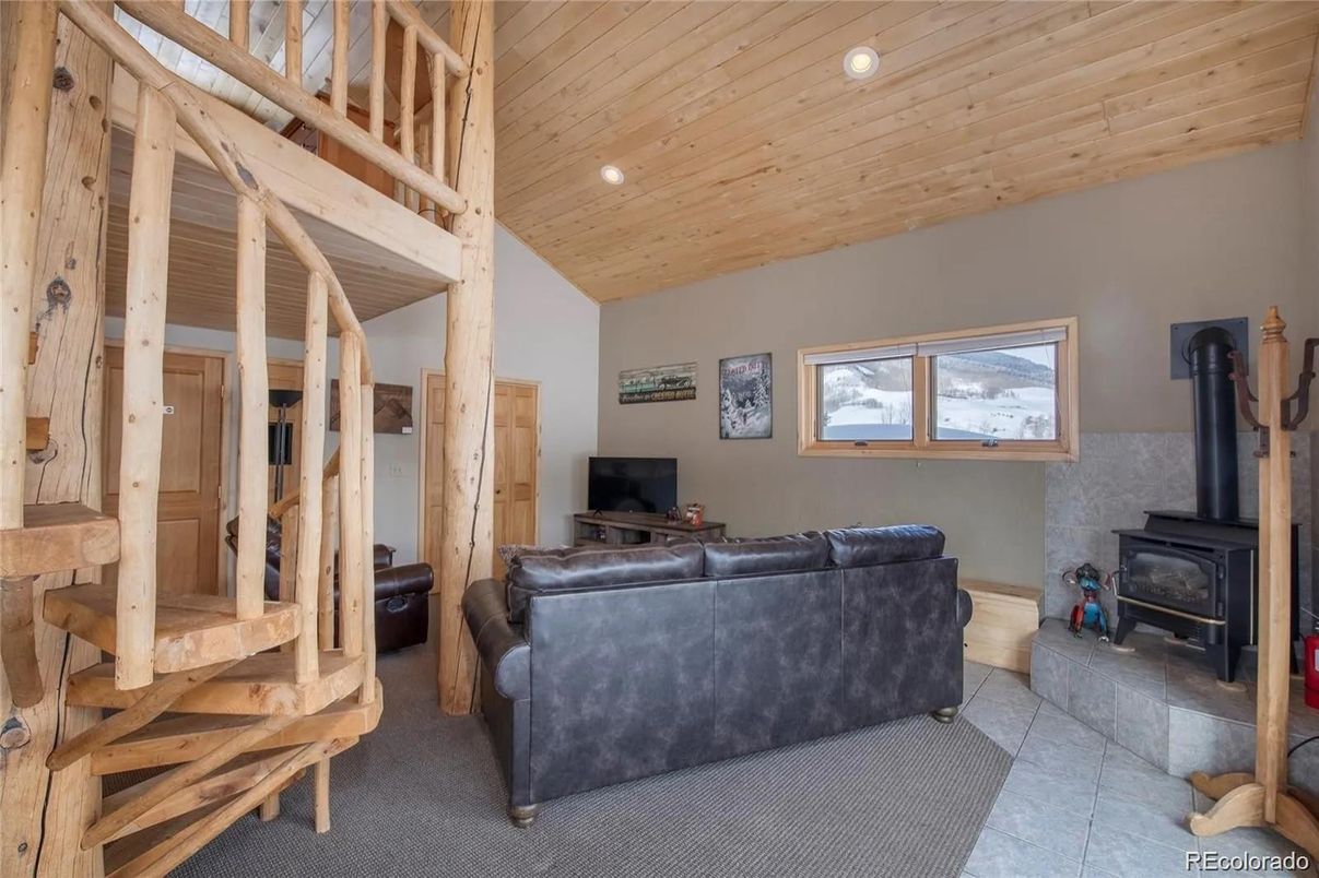 Fireplace, Interior, Living room, Recessed Lighting, Wooden Ceilings