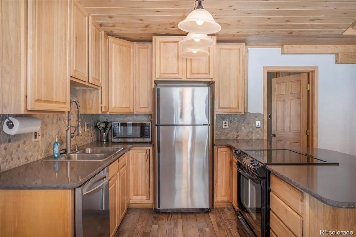 Interior, Kitchen, Pendant Lights, Stainless Steel Appliances, Wooden Ceilings, Wood Texture Flooring