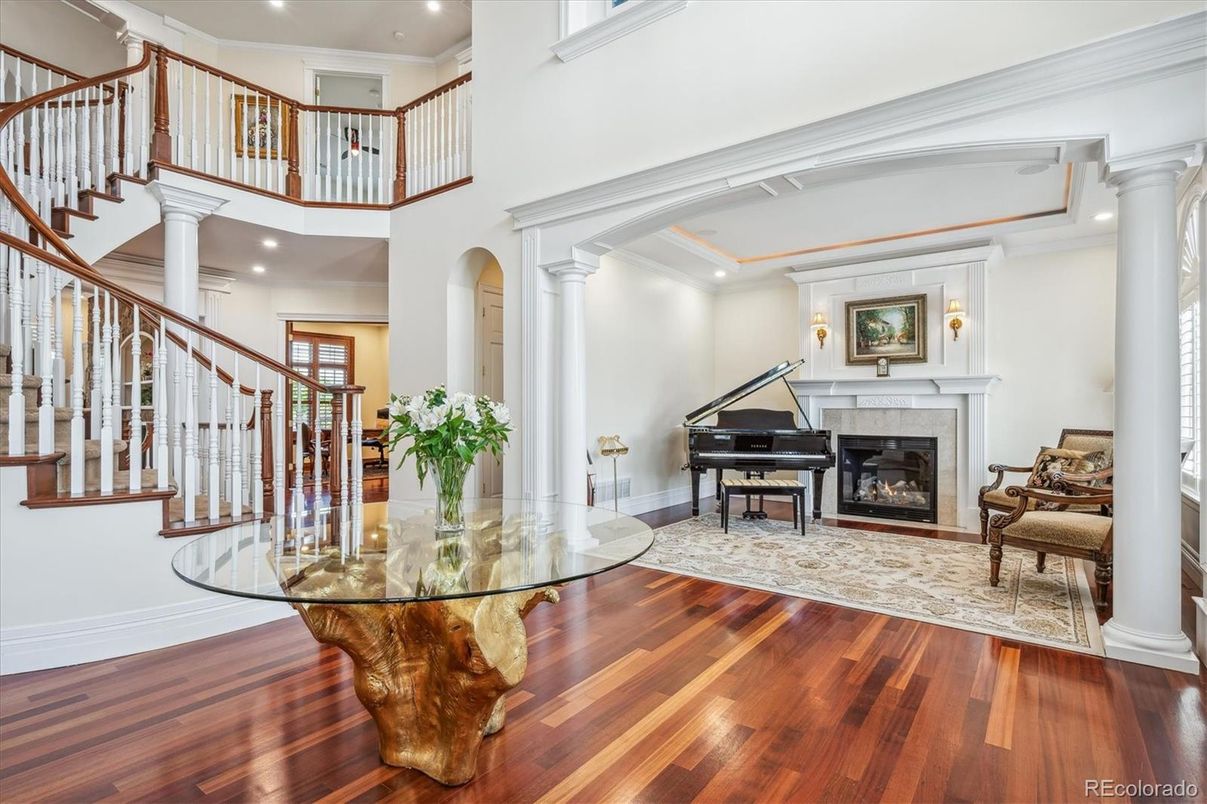 Fireplace, Interior, Piano, Recessed Lighting, Wood Texture Flooring