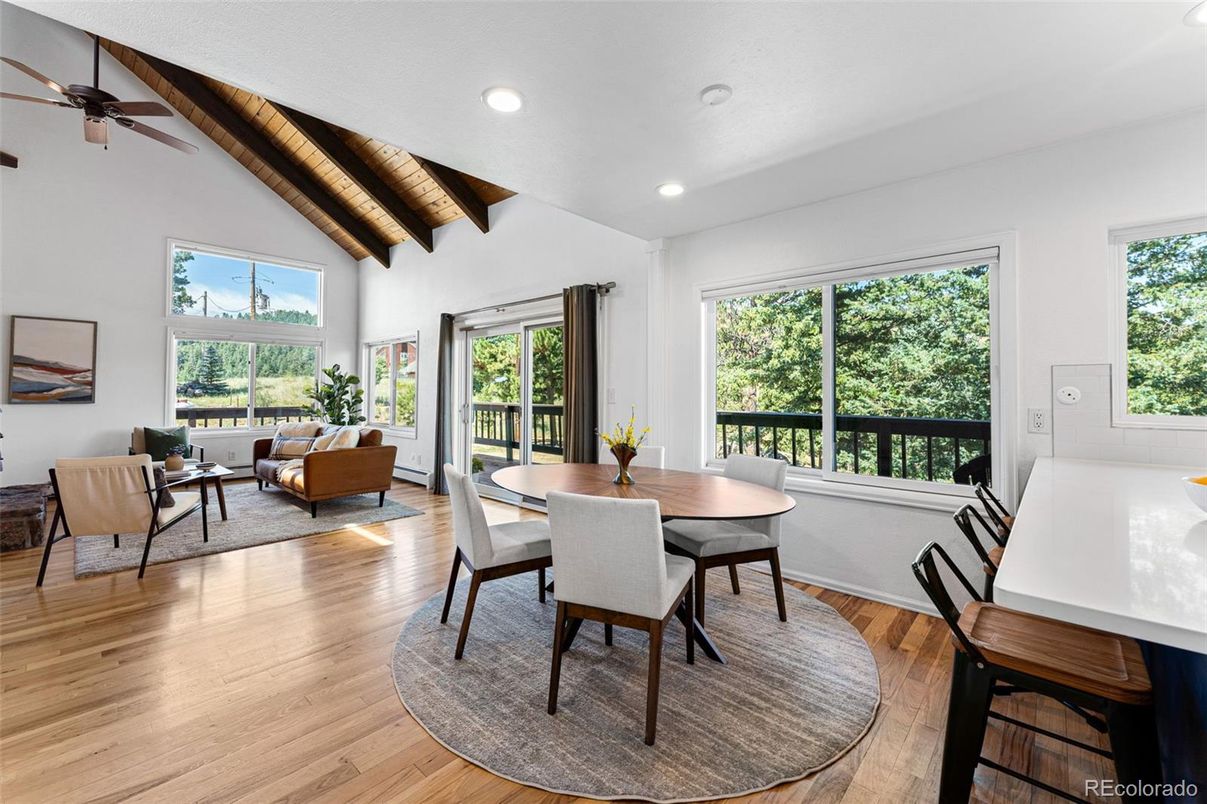 Dining room, Interior, Living room, Recessed Lighting, Wooden Beams, Wooden Ceilings, Wood Texture Flooring