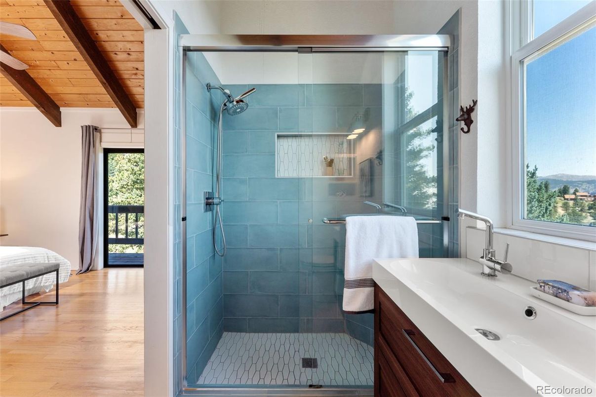 Bathroom, Glass Shower, Interior, Wooden Beams, Wooden Ceilings, Wood Texture Flooring