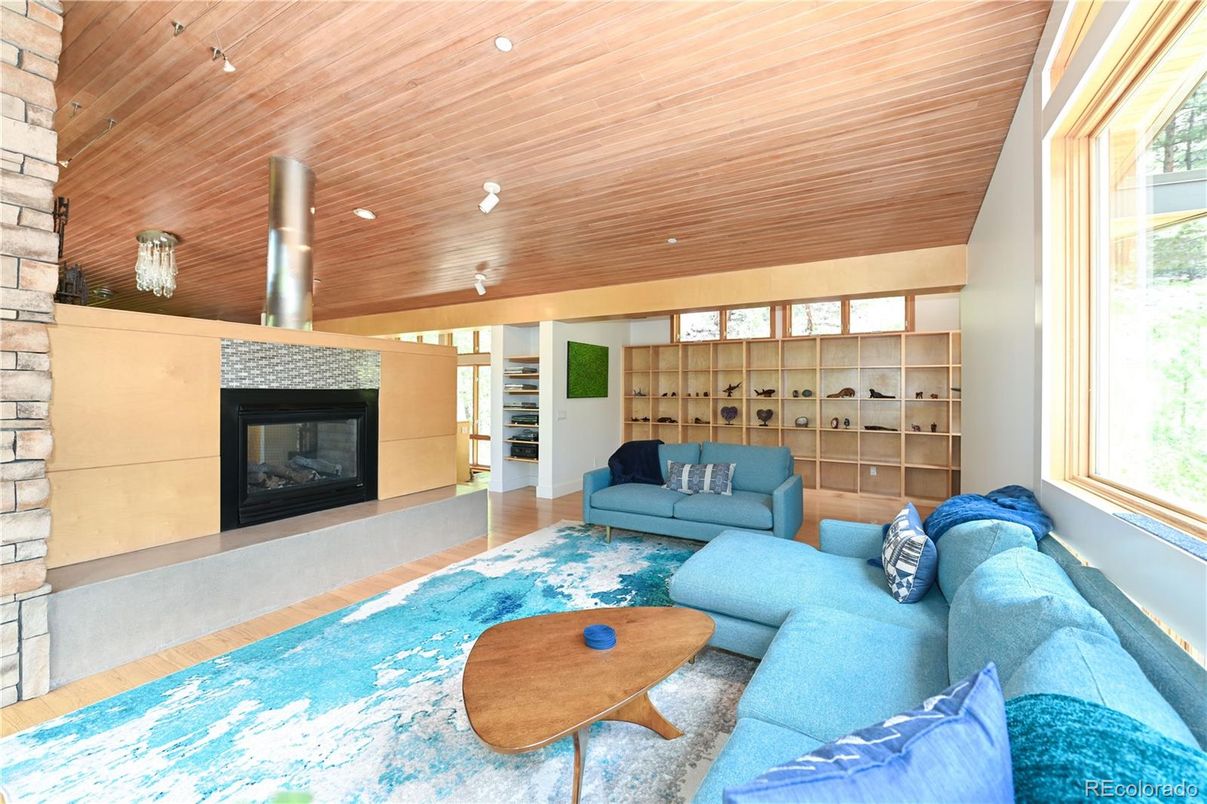Fireplace, Interior, Living room, Recessed Lighting, Wooden Ceilings