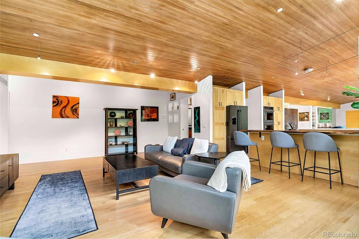 Interior, Kitchen, Living room, Recessed Lighting, Wooden Ceilings, Wood Texture Flooring