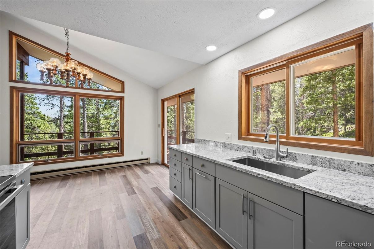 Chandelier, Interior, Kitchen, Pendant Lights, Recessed Lighting, Wood Texture Flooring
