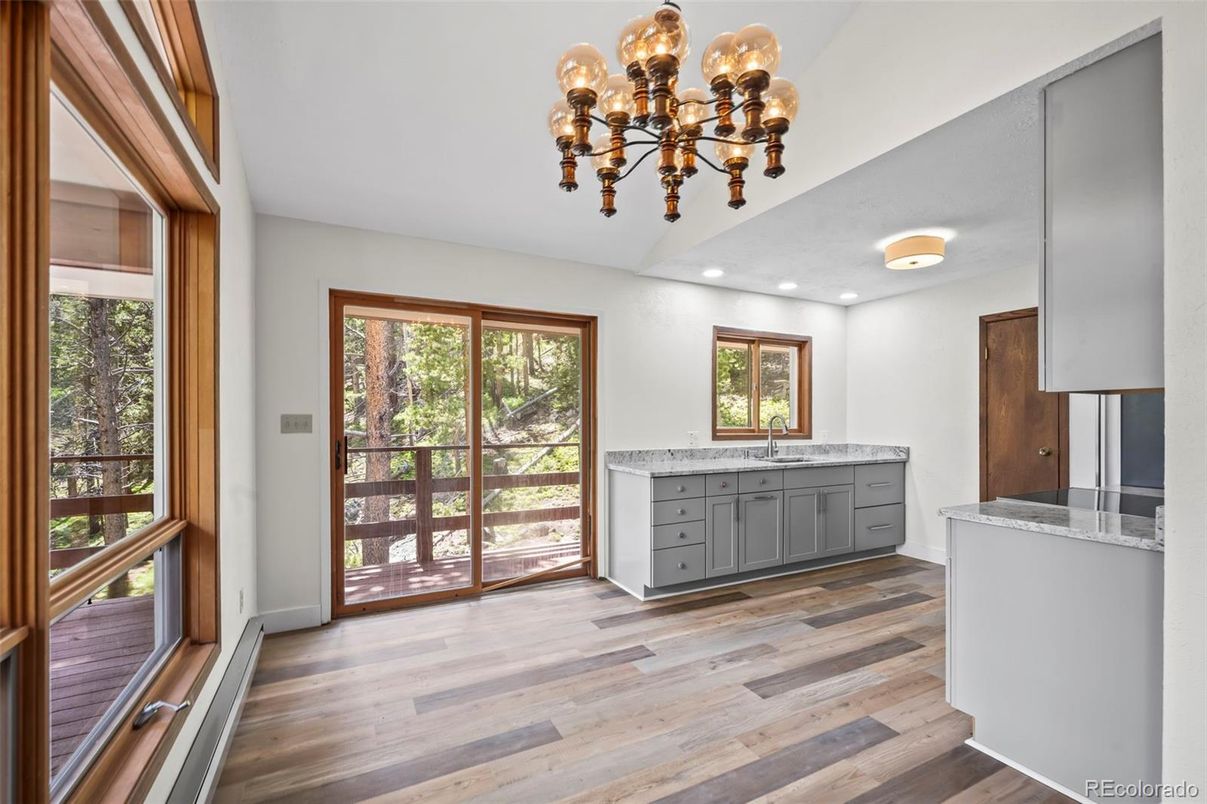 Chandelier, Interior, Kitchen, Recessed Lighting, Wood Texture Flooring