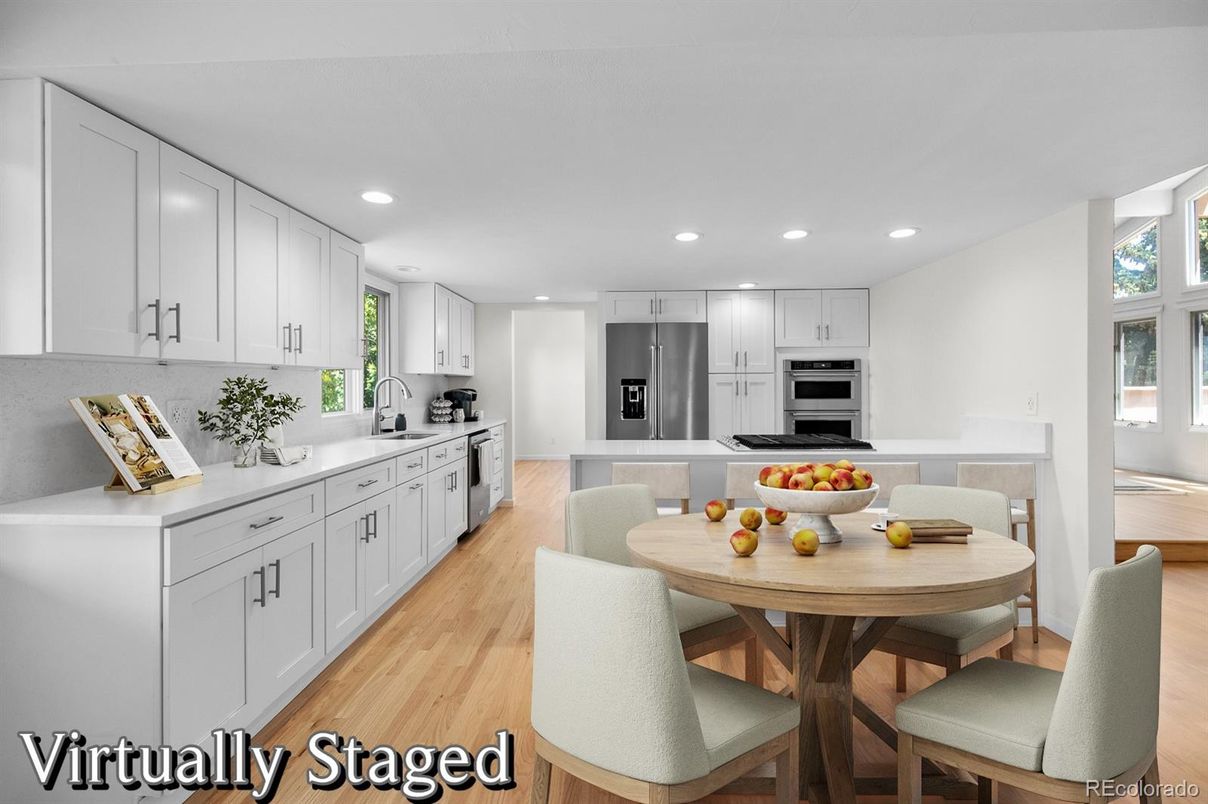 Dining room, Interior, Kitchen, Recessed Lighting, Stainless Steel Appliances, Wood Texture Flooring