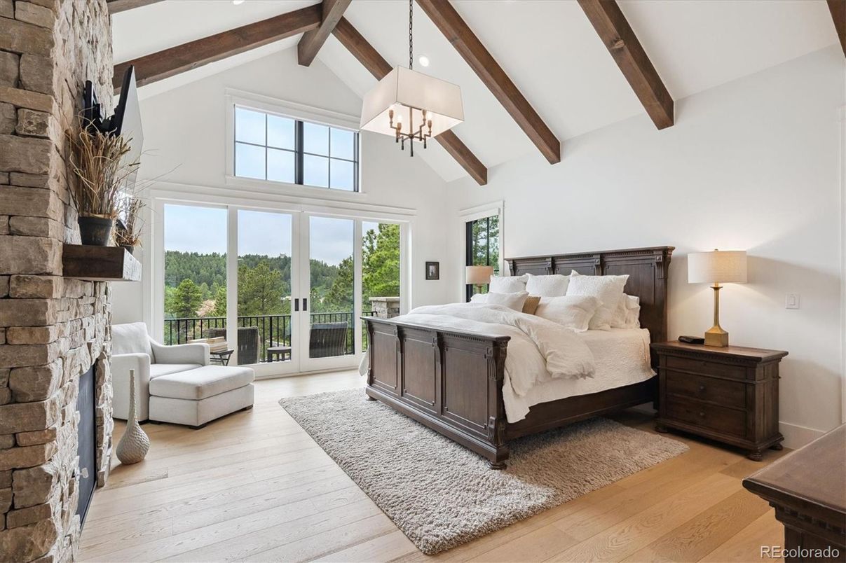 Bedroom, Chandelier, Fireplace, Interior, Pendant Lights, Recessed Lighting, Wooden Beams, Wood Texture Flooring