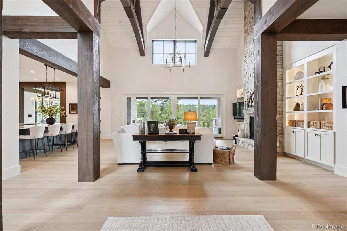 Fireplace, Interior, Pendant Lights, Wooden Beams, Wood Texture Flooring