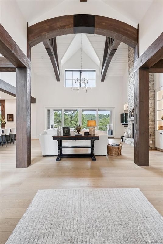 Fireplace, Interior, Living room, Pendant Lights, Wooden Beams, Wood Texture Flooring