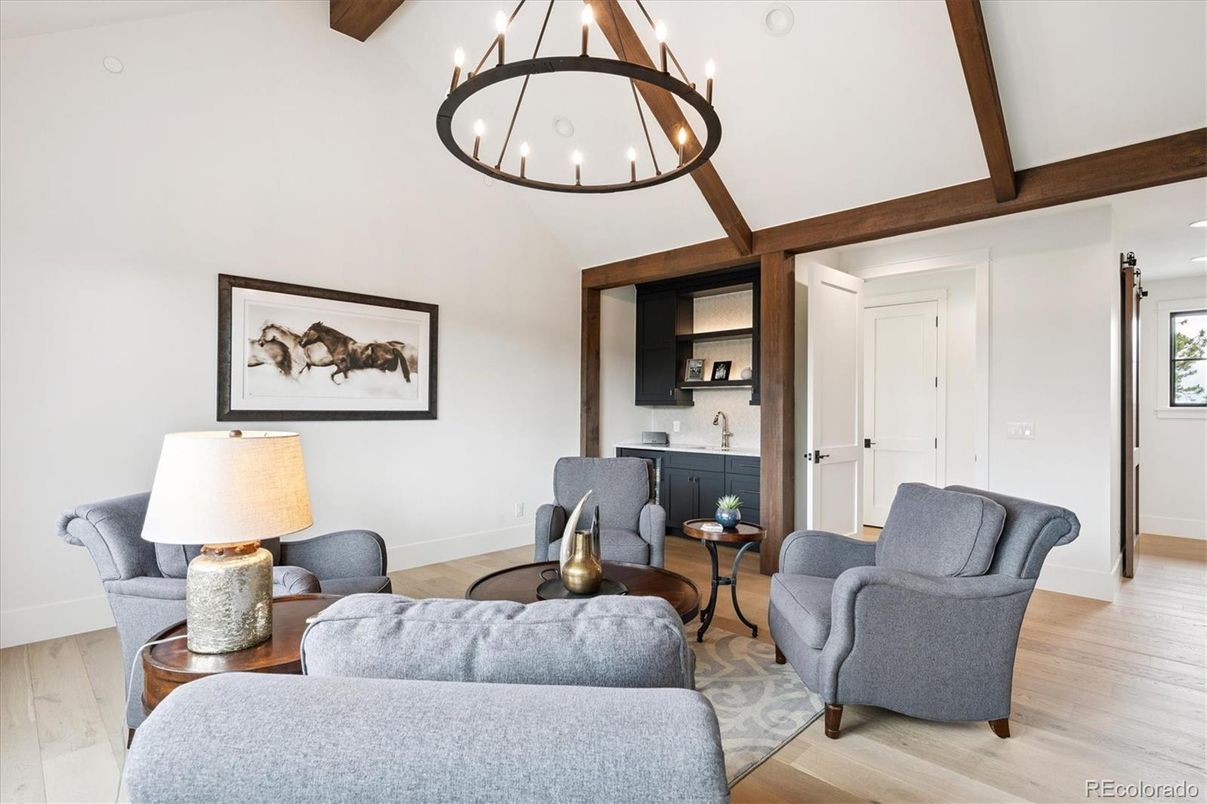 Interior, Living room, Pendant Lights, Recessed Lighting, Wooden Beams, Wood Texture Flooring