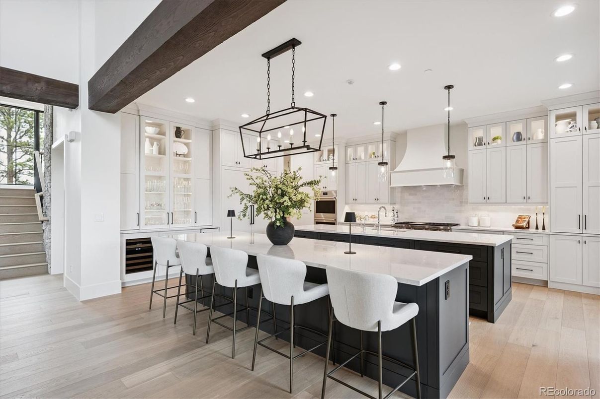 Interior, Kitchen, Pendant Lights, Recessed Lighting, Wooden Beams, Wood Texture Flooring