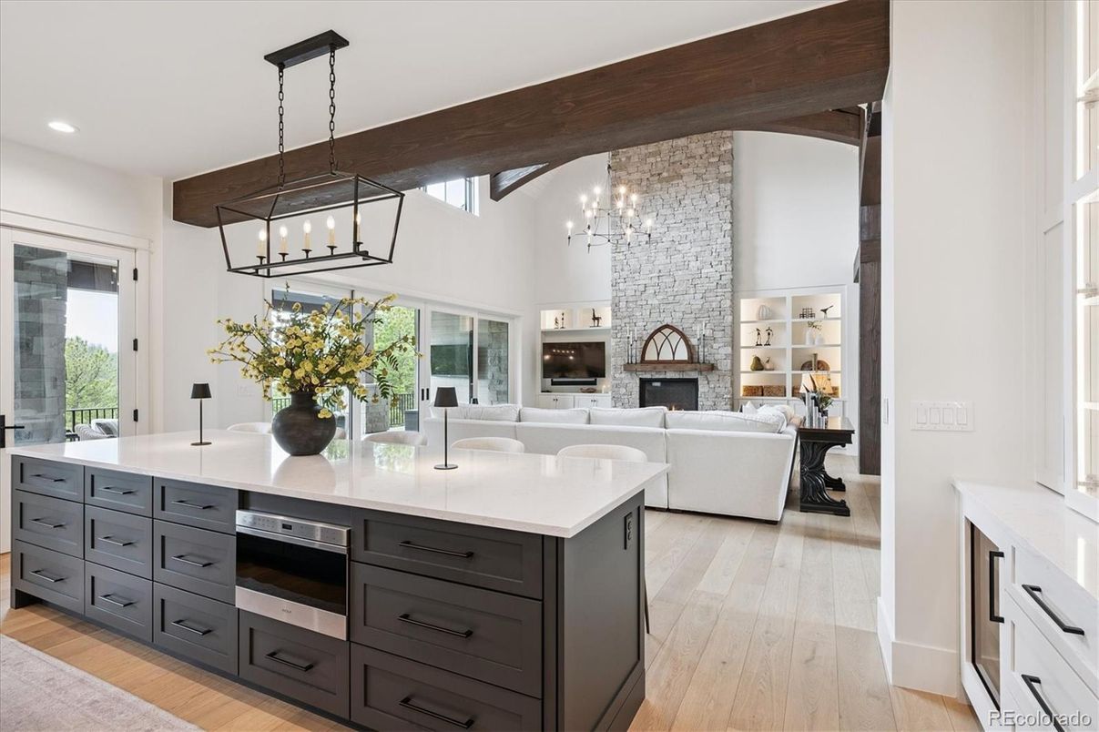 Fireplace, Interior, Living room, Pendant Lights, Recessed Lighting, Wood Texture Flooring