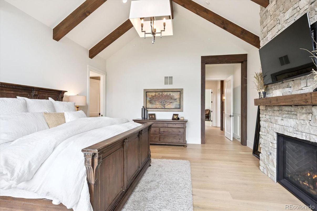 Bedroom, Chandelier, Fireplace, Interior, Wooden Beams, Wood Texture Flooring