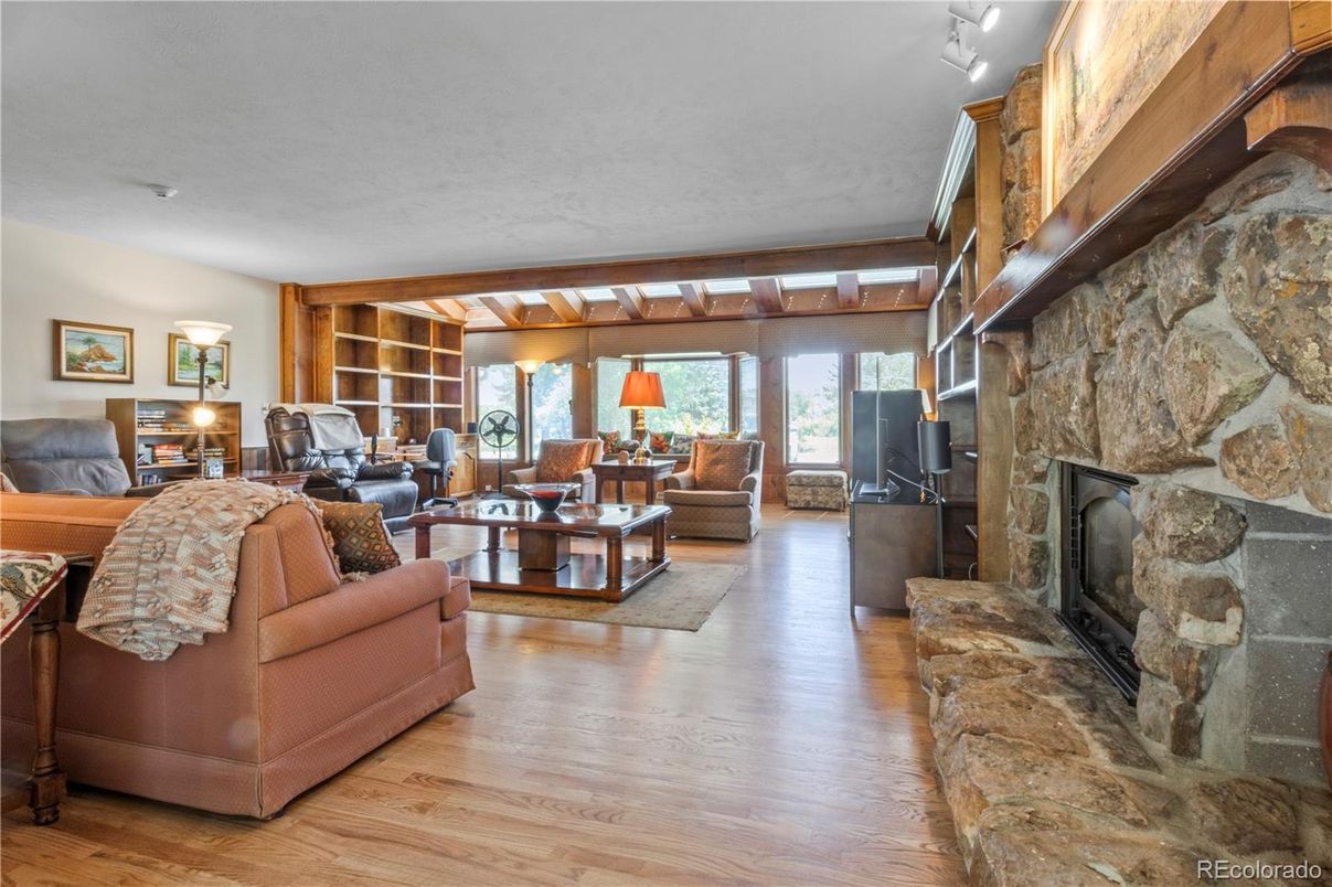Fireplace, Interior, Living room, Stone Walls, Wood Texture Flooring