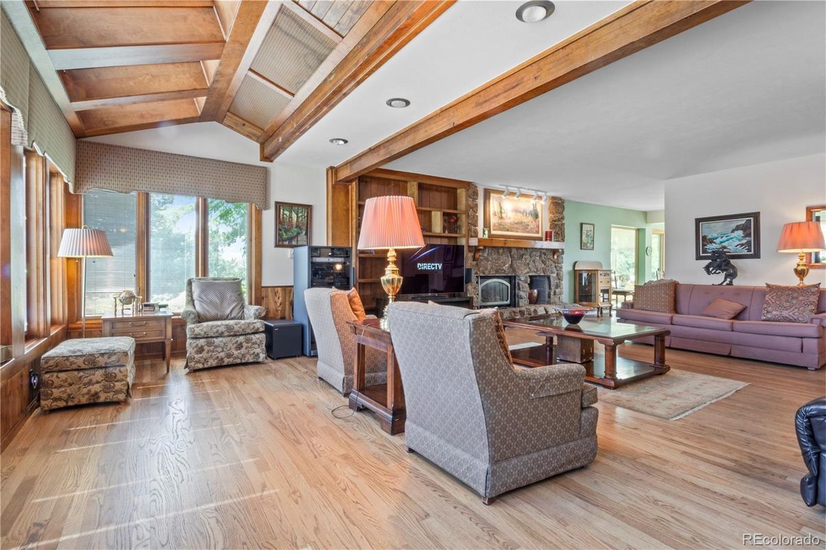 Fireplace, Interior, Living room, Recessed Lighting, Wooden Beams, Wood Texture Flooring