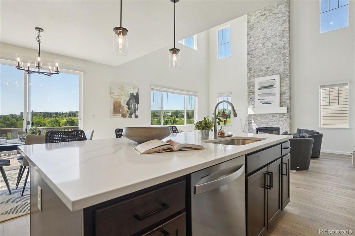 Dining room, Fireplace, Interior, Kitchen, Pendant Lights, Stainless Steel Appliances, Wood Texture Flooring