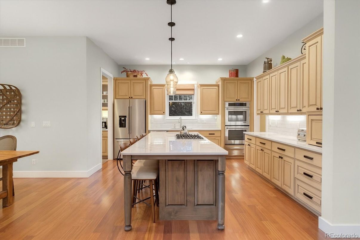 Interior, Kitchen, Pendant Lights, Recessed Lighting, Stainless Steel Appliances, Wood Texture Flooring