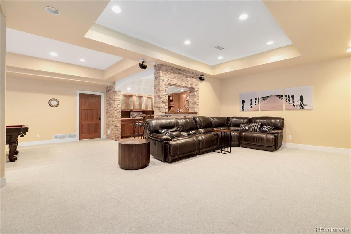 Billiard Table, Game Room, Interior, Living room, Recessed Lighting, Stone Walls