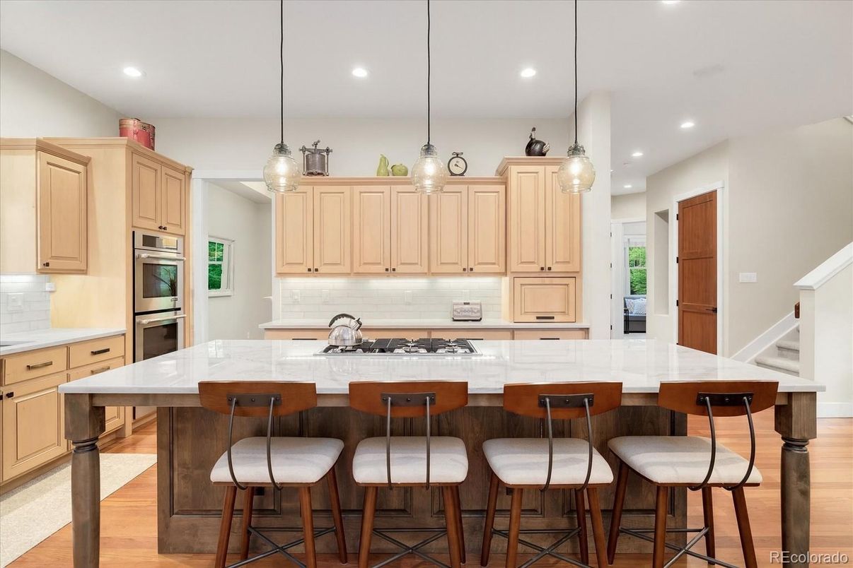 Interior, Kitchen, Pendant Lights, Recessed Lighting, Stainless Steel Appliances, Wood Texture Flooring