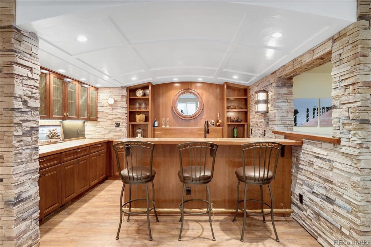 Interior, Recessed Lighting, Stone Walls, Wood Texture Flooring