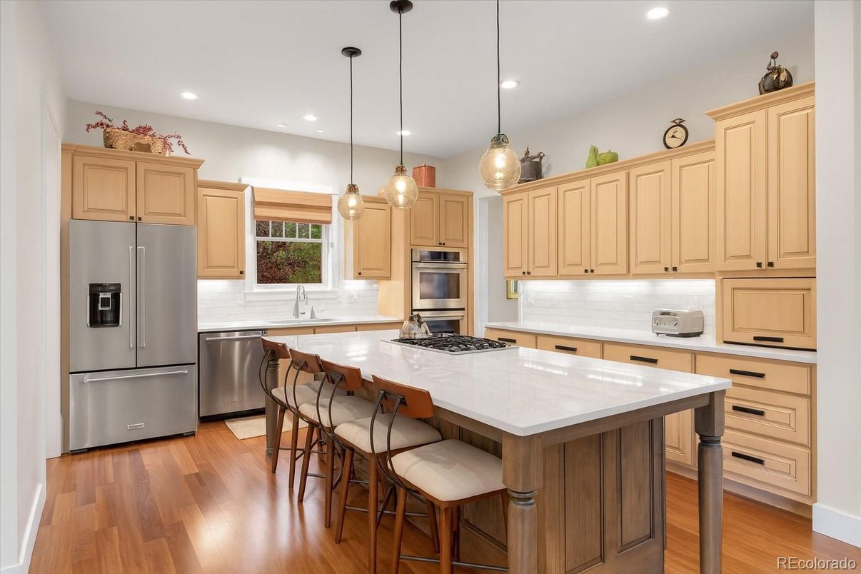 Interior, Kitchen, Pendant Lights, Recessed Lighting, Stainless Steel Appliances, Wood Texture Flooring