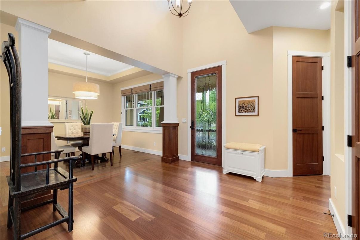 Chandelier, Dining room, Interior, Recessed Lighting, Wood Texture Flooring