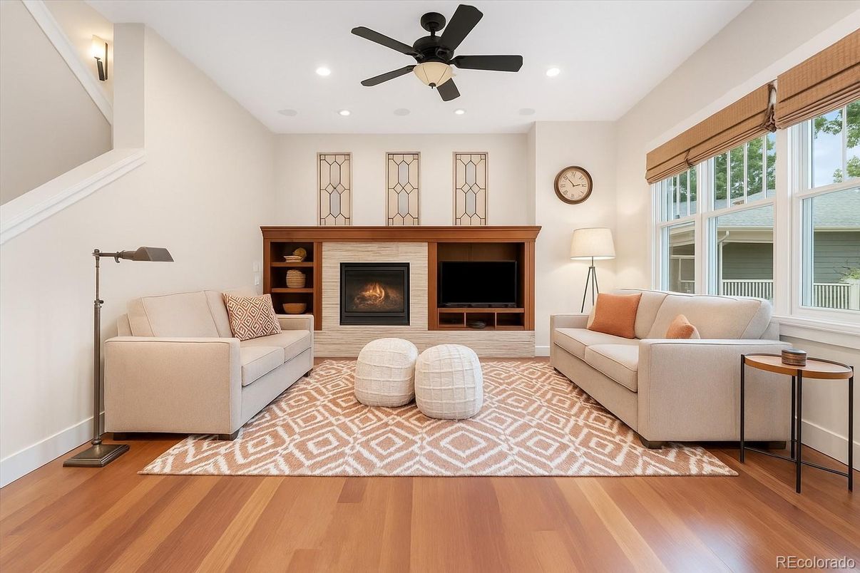 Fireplace, Interior, Living room, Recessed Lighting, Wood Texture Flooring