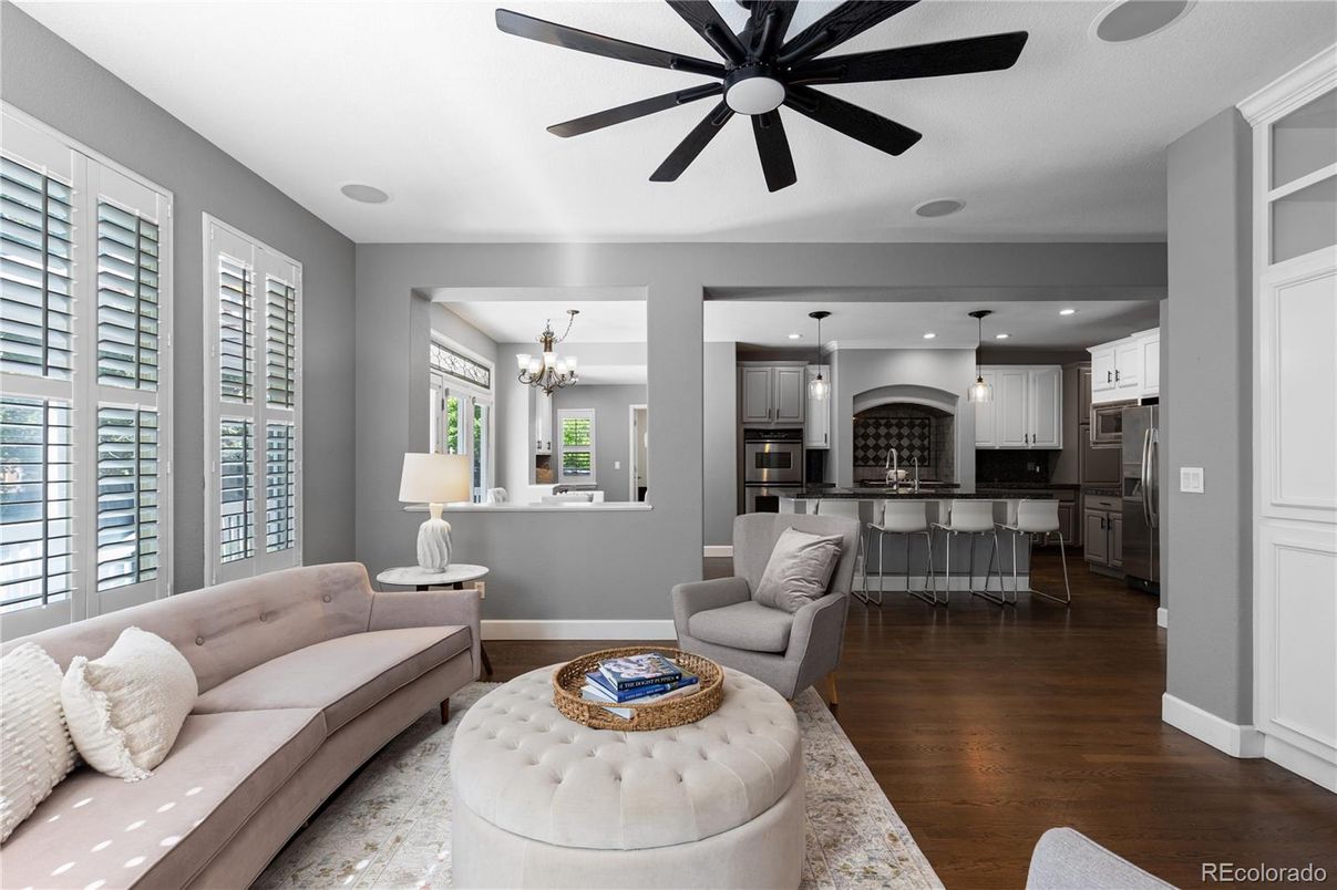 Chandelier, Interior, Kitchen, Living room, Pendant Lights, Recessed Lighting, Stainless Steel Appliances, Wood Texture Flooring