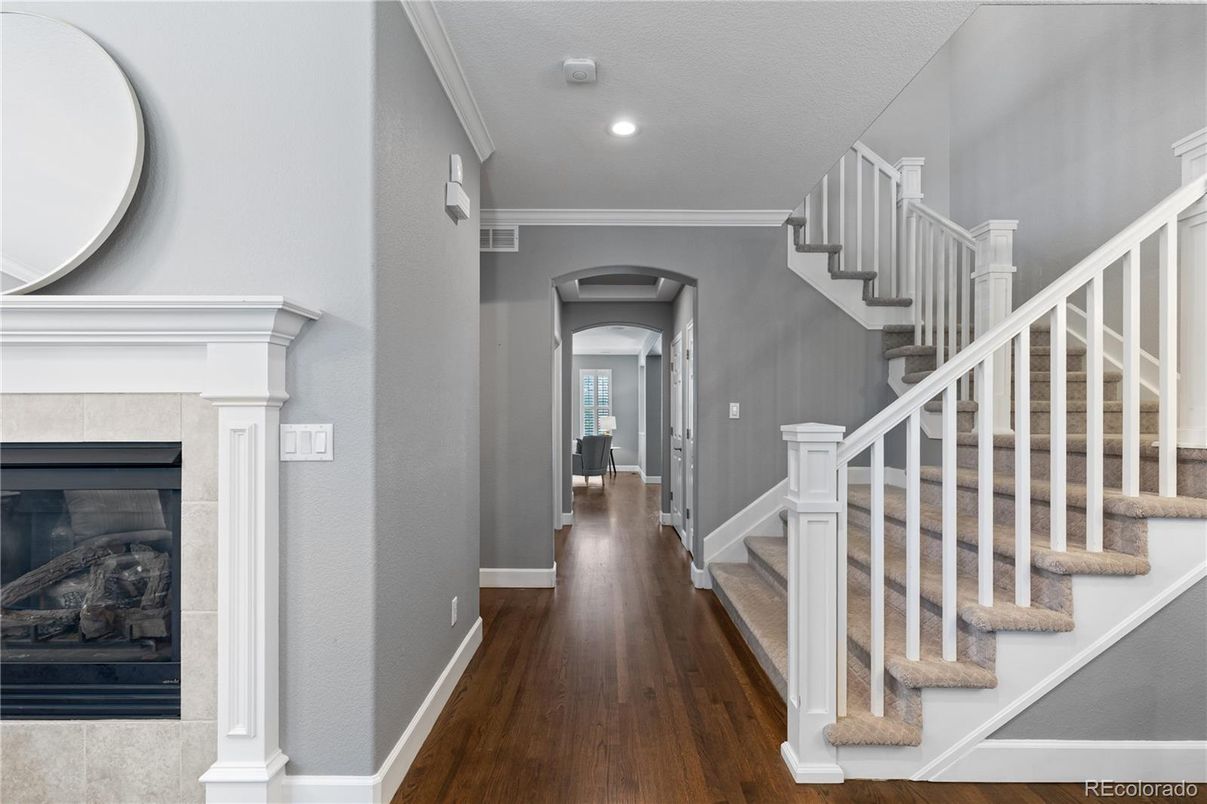 Fireplace, Interior, Recessed Lighting, Wood Texture Flooring