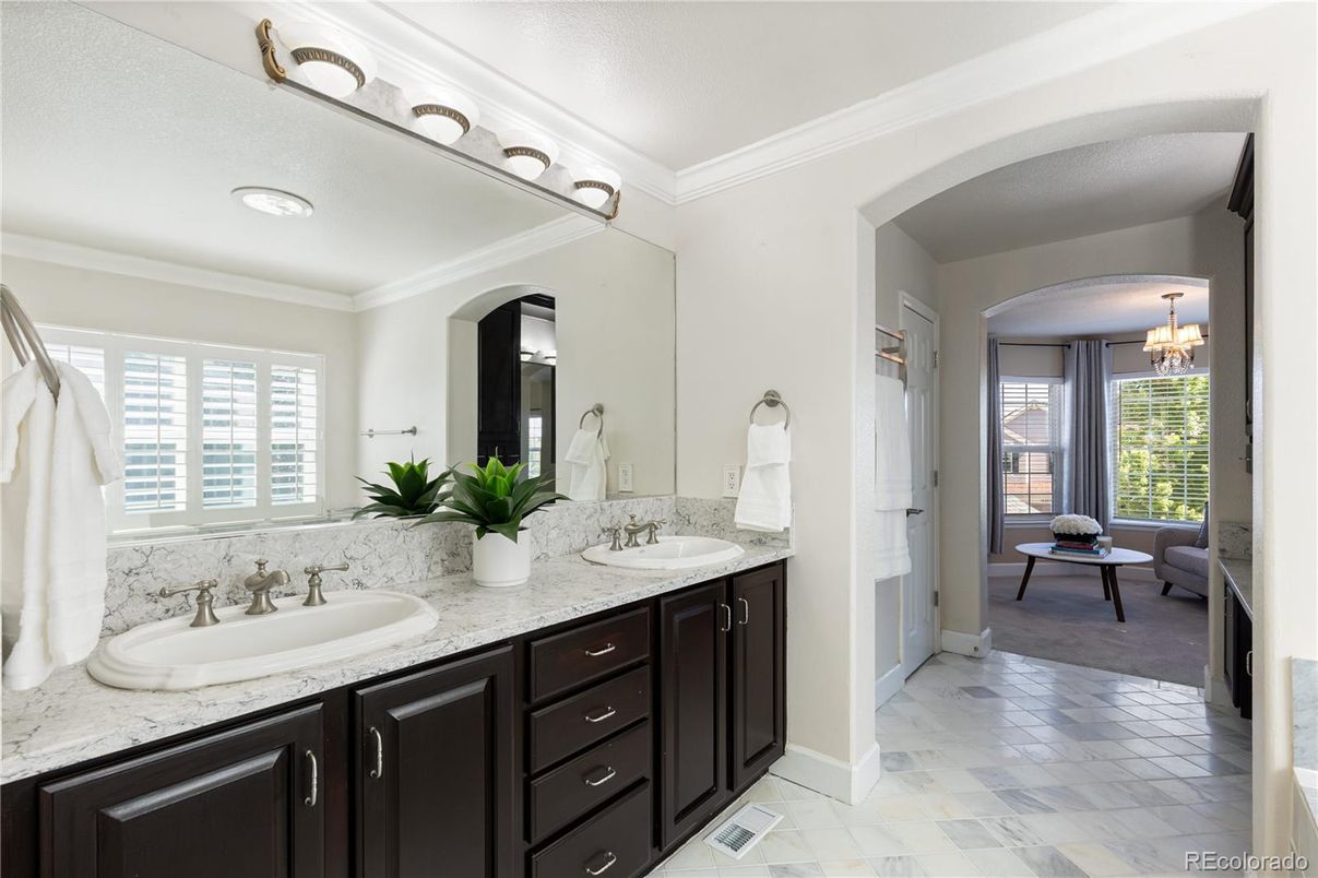 Bathroom, Chandelier, Dual Sink Vanities, Interior, Marble