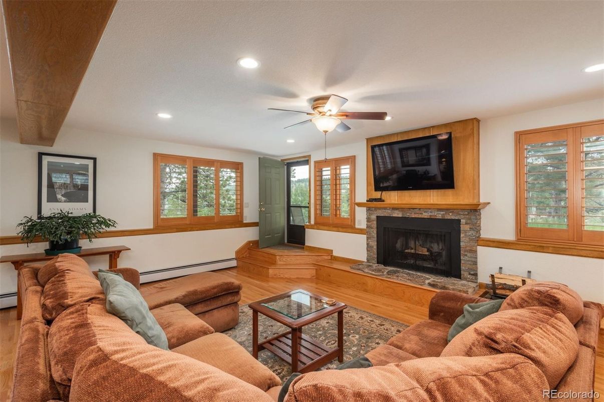 Fireplace, Interior, Living room, Recessed Lighting, Wood Texture Flooring
