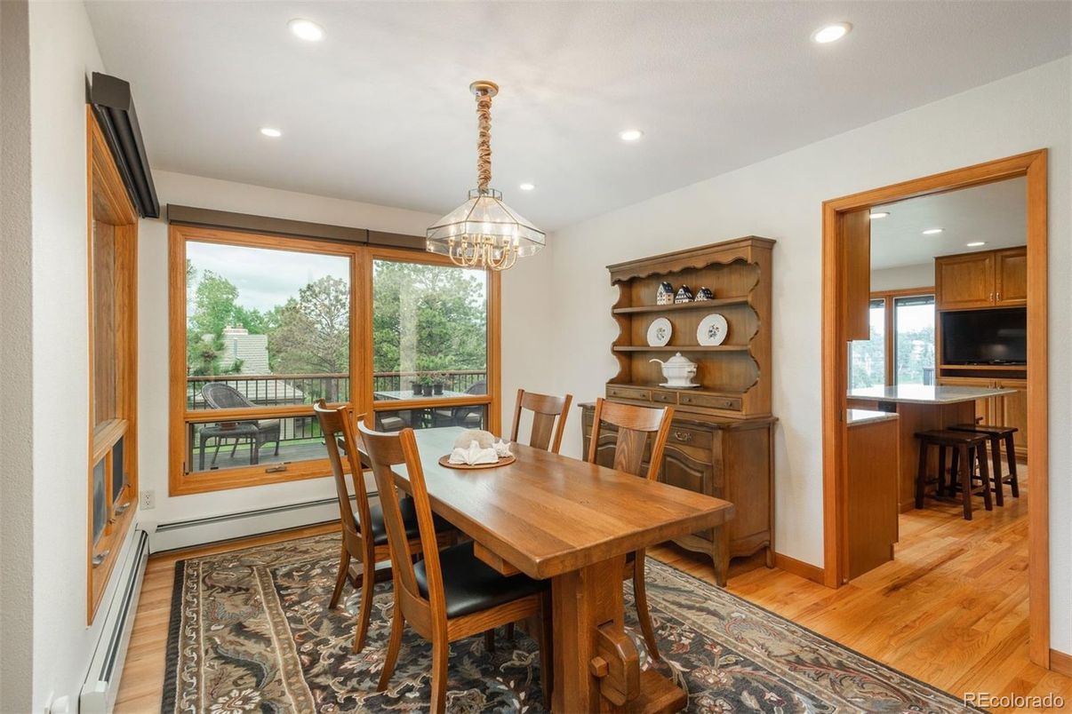 Dining room, Interior, Pendant Lights, Recessed Lighting, Wood Texture Flooring