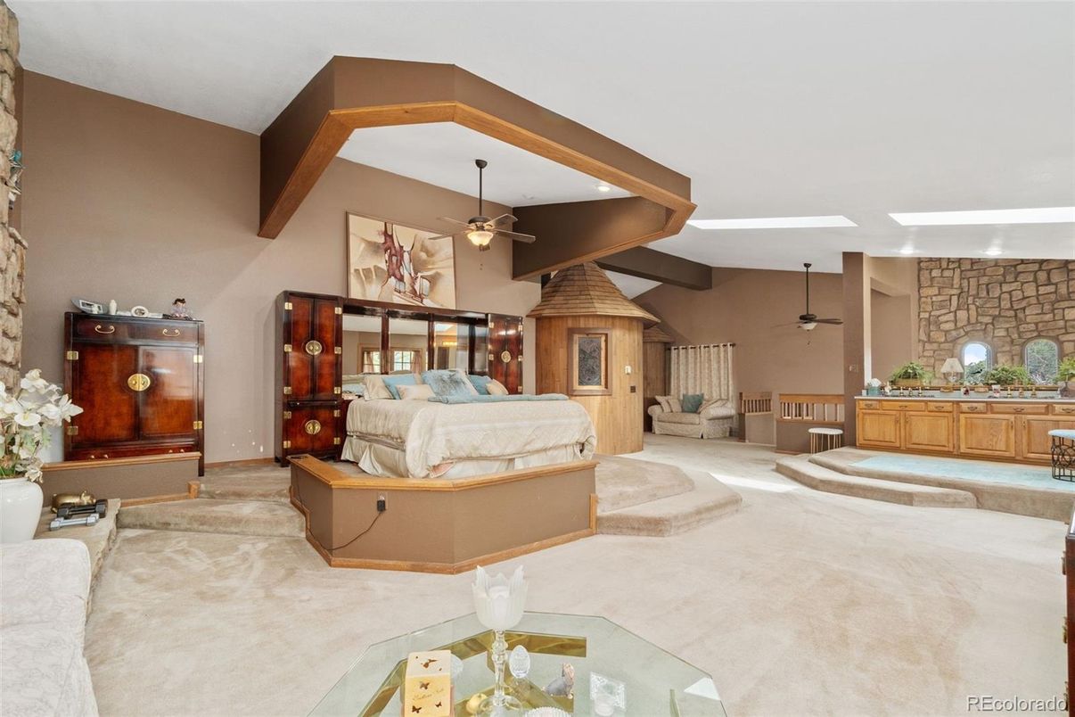 Bedroom, Fireplace, Interior, Recessed Lighting, Stone Walls