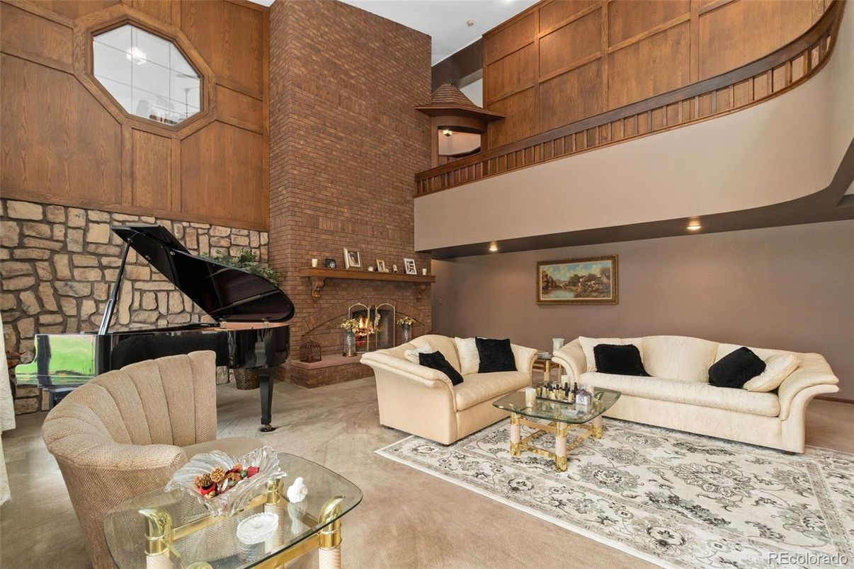 Fireplace, Interior, Living room, Piano, Recessed Lighting, Stone Walls