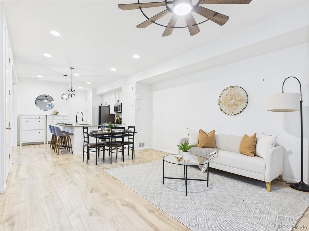 Dining room, Interior, Kitchen, Living room, Pendant Lights, Recessed Lighting, Wood Texture Flooring