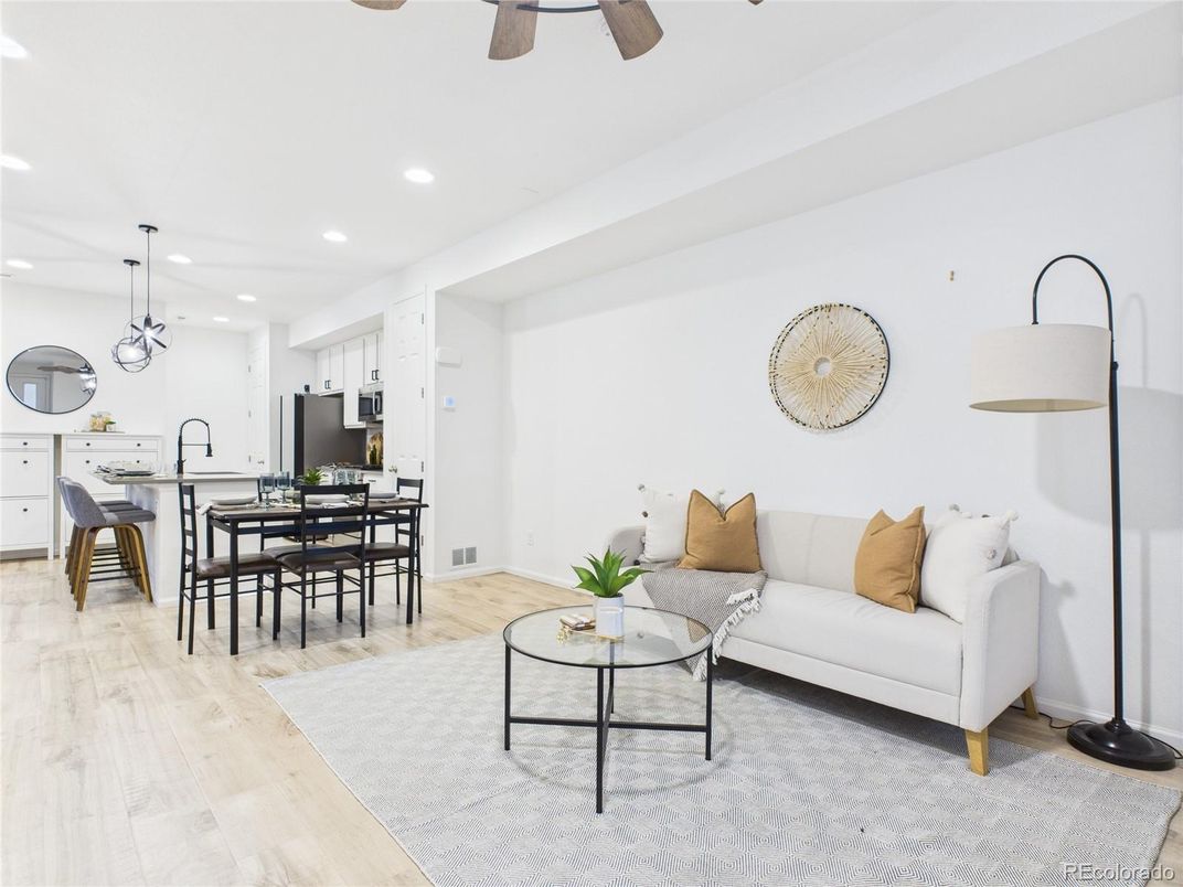 Dining room, Interior, Kitchen, Living room, Pendant Lights, Recessed Lighting, Wood Texture Flooring
