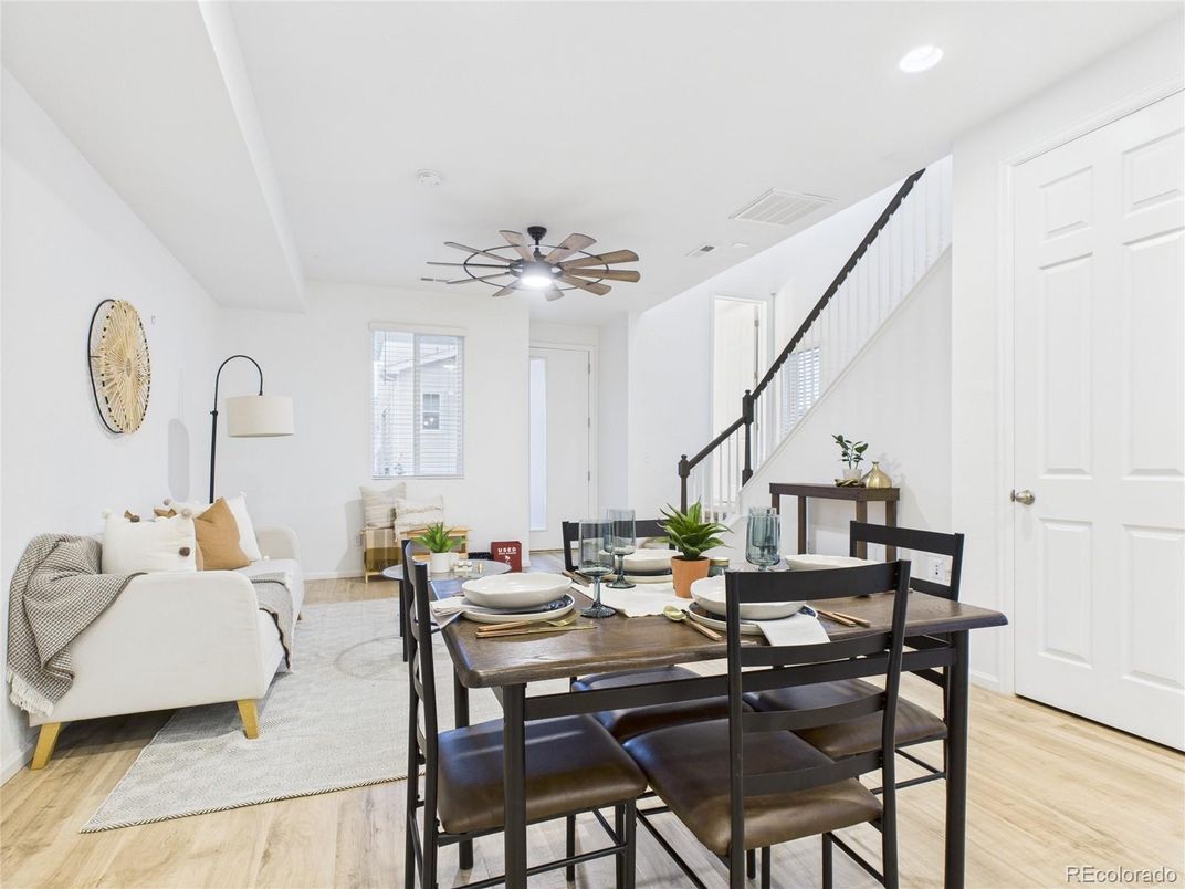Dining room, Interior, Living room, Recessed Lighting, Wood Texture Flooring