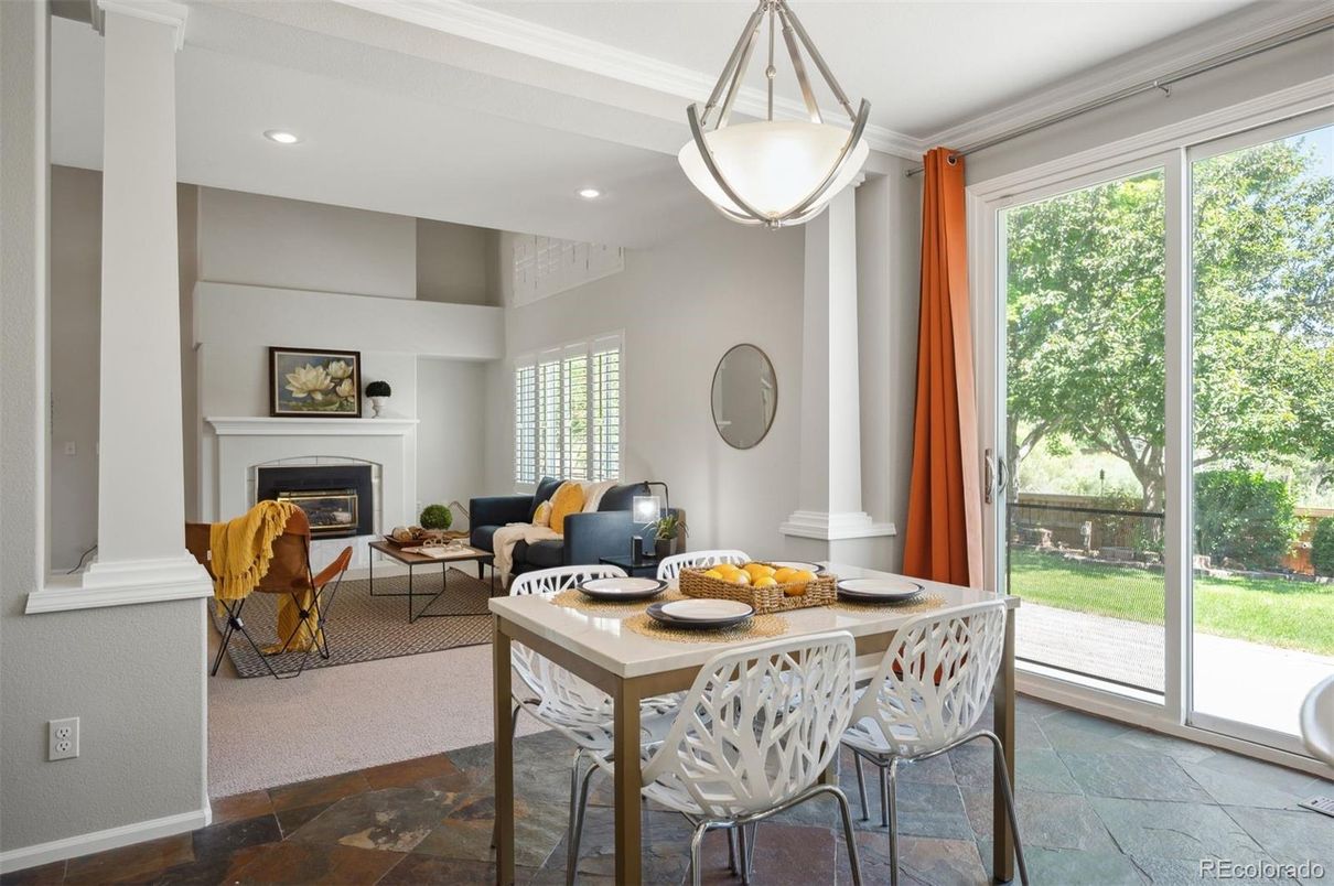 Dining room, Fireplace, Interior, Living room, Recessed Lighting