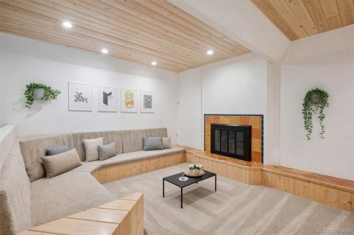 Fireplace, Interior, Living room, Recessed Lighting, Wooden Ceilings