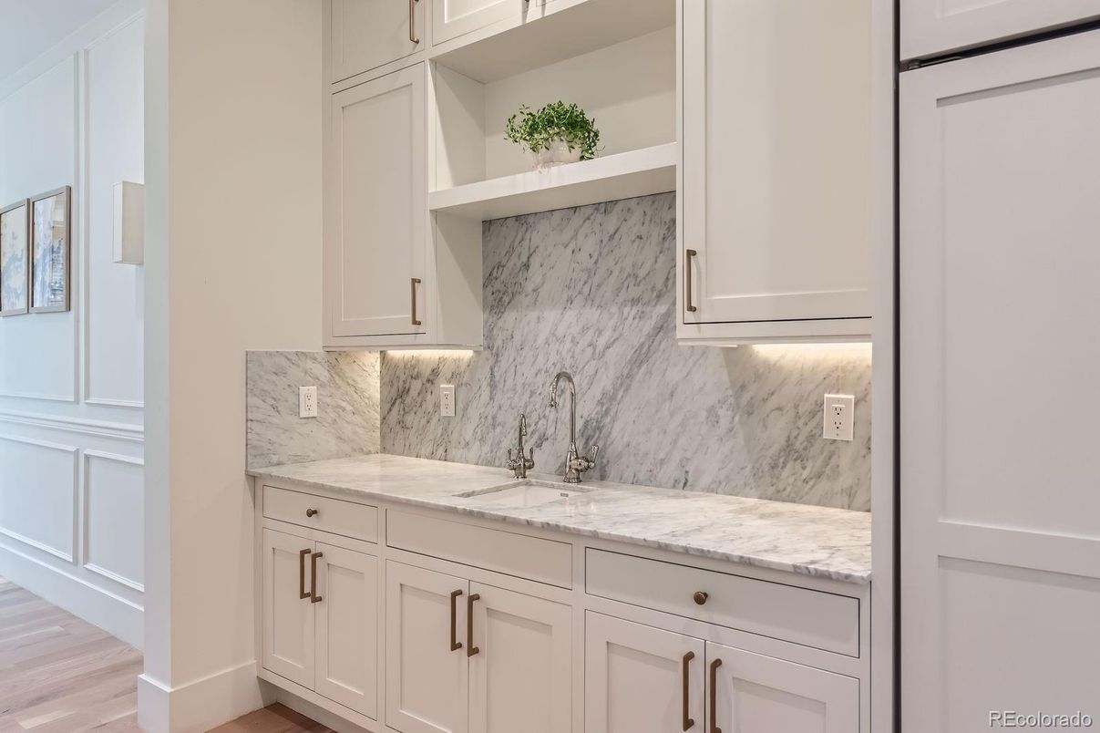 Interior, Kitchen, Marble Walls, Wood Texture Flooring