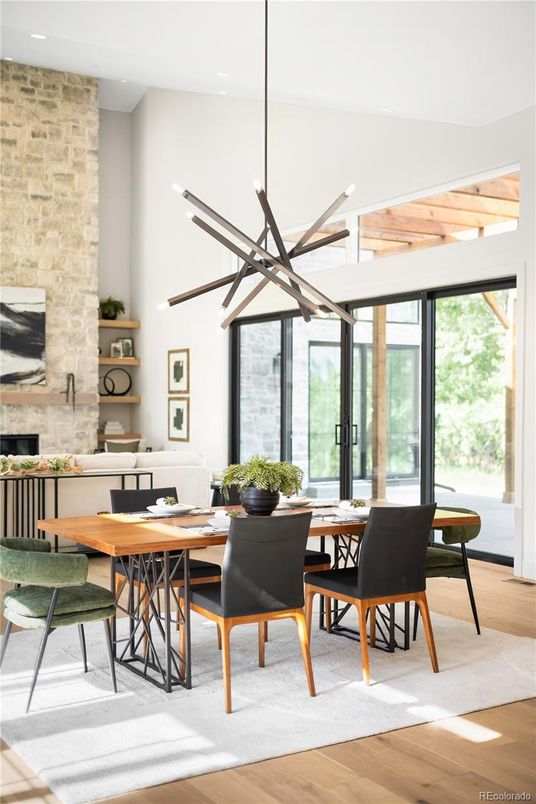 Dining room, Interior, Living room, Pendant Lights, Stone Walls, Wooden Beams, Wood Texture Flooring