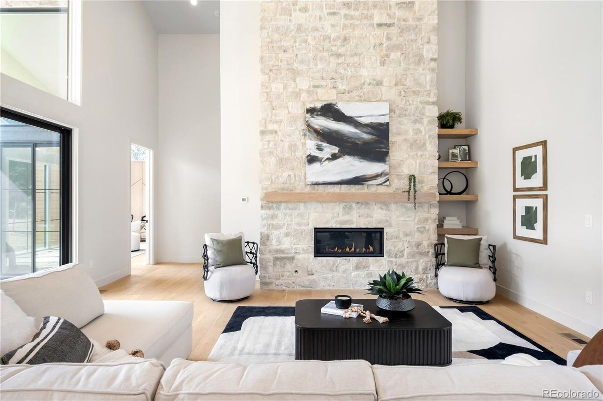 Fireplace, Interior, Living room, Stone Walls, Wood Texture Flooring