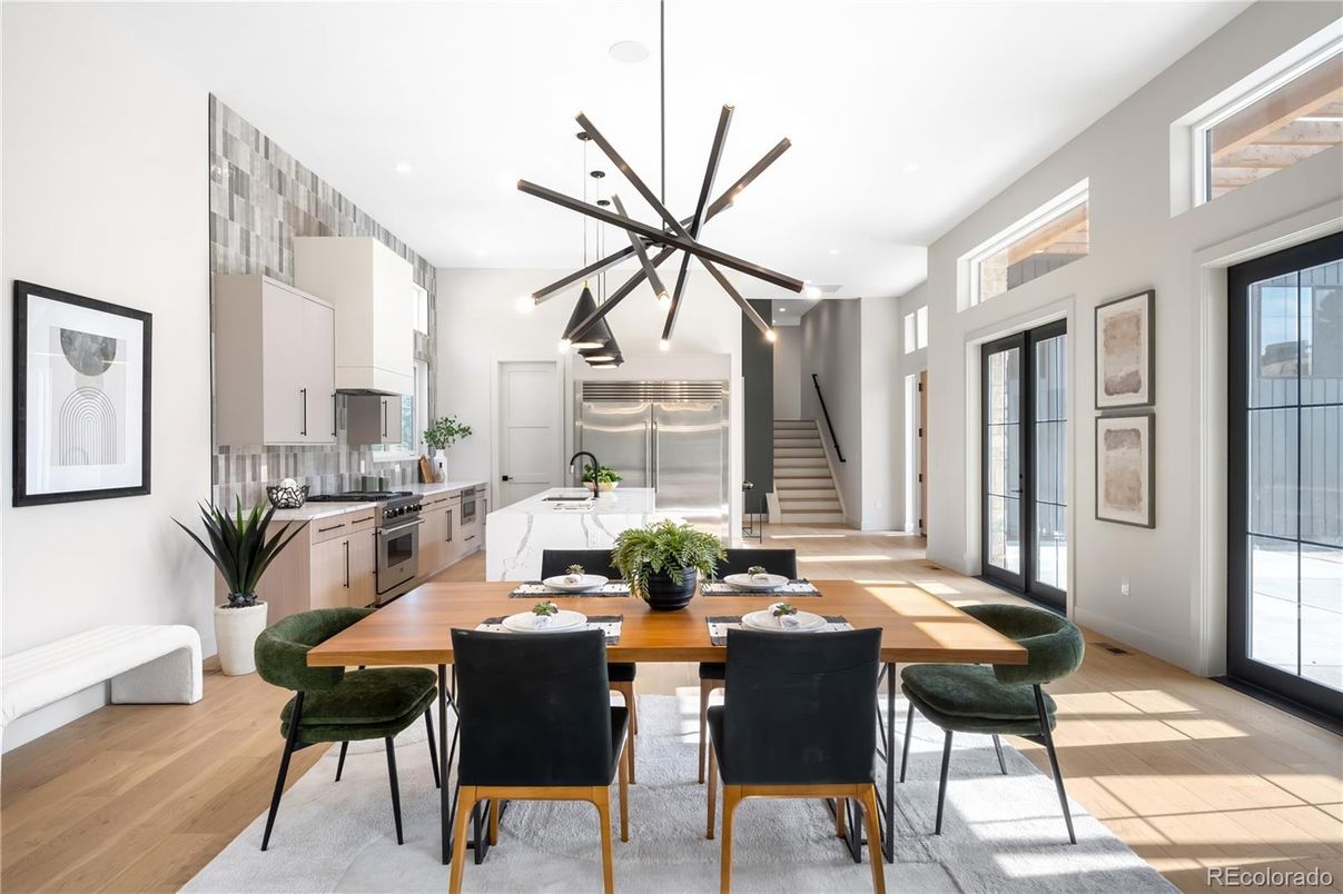Dining room, Interior, Kitchen, Pendant Lights, Recessed Lighting, Stainless Steel Appliances, Wood Texture Flooring