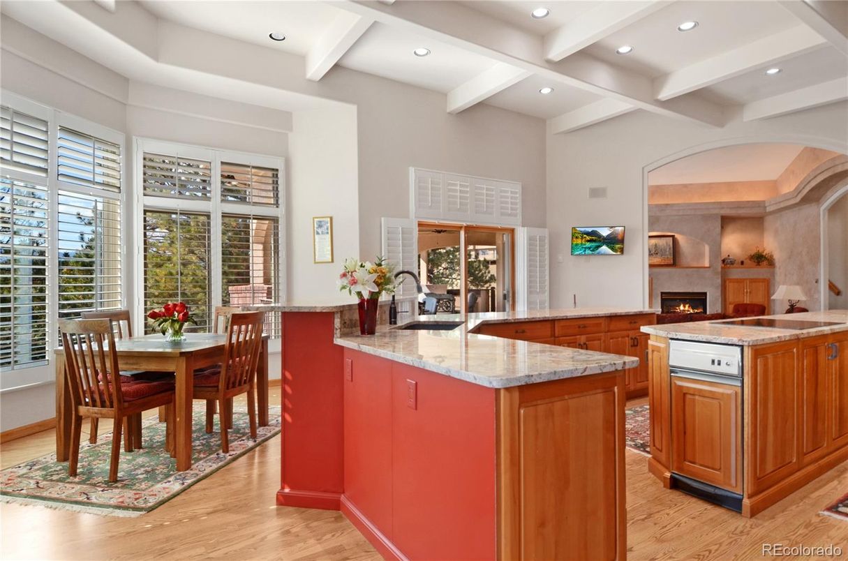 Dining room, Fireplace, Interior, Kitchen, Recessed Lighting, Wood Texture Flooring