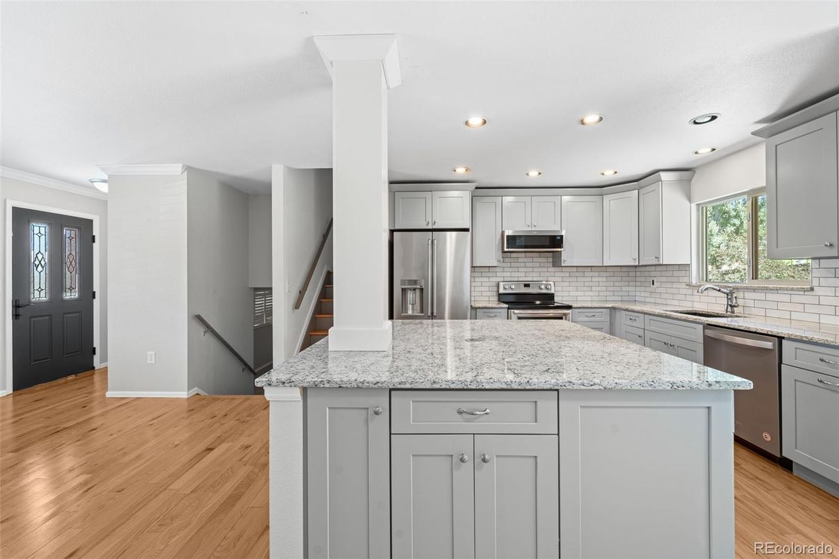 Interior, Kitchen, Recessed Lighting, Stainless Steel Appliances, Wood Texture Flooring
